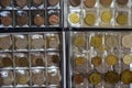 ÃÂ¡oins of different countries are arranged in transparent blisters. Page from album full with old coins. Coin storage method. Royalty Free Stock Photo
